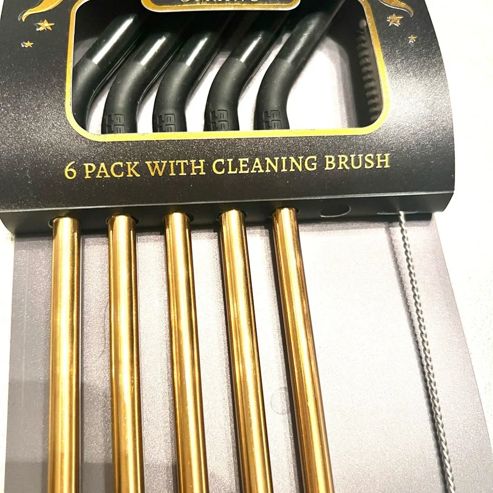 New Gold & Black Set of 5 Pack Stainless Steel Straws Cleaning Brush Reusable
